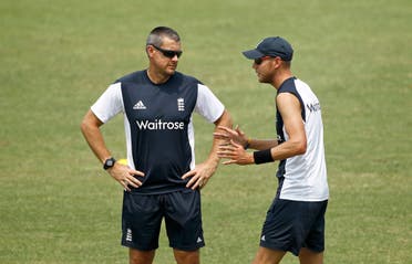 ngland's team captain Stuart Broad, right, talks with team coach Ashley Giles during a training session ahead of their ICC Twenty20 Cricket World Cup match against Sri Lanka in Chittagong, Bangladesh, Wednesday, March 26, 2014. (AP Photo/A.M. Ahad)