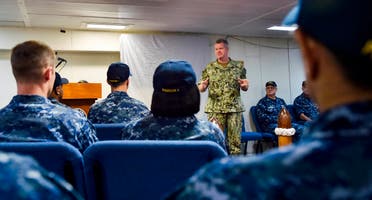 Vice Admiral Sam Paparo speaks to sailors about the amphibious assault ship USS Iwo Jima off Mayport, Florida, Sept. 20, 2017. (File photo: AP)