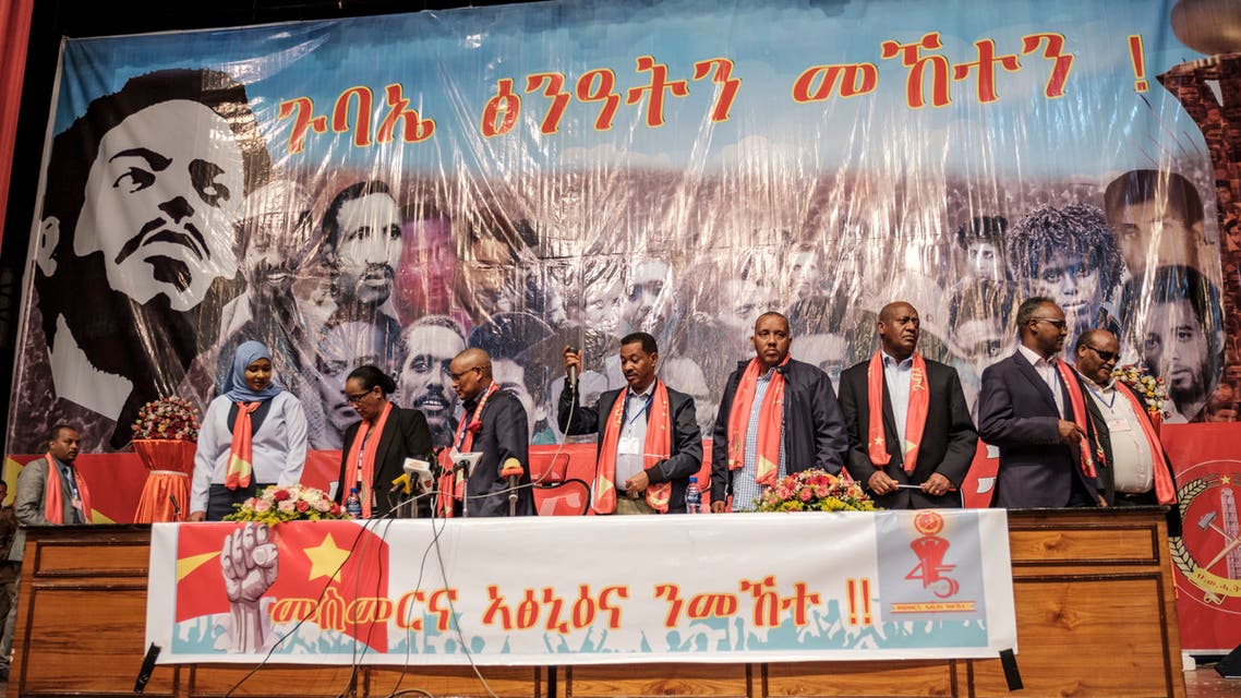 (FLTR) Keria Ibrahim, Fetlework Gebregzabher, Debretsion Gebremichael, Alem Gebrewahid, Getachew Reda, Addis-Alem Balema, Asmelash Woldeselassie, leaders of the Tigray People's Liberation Front (TPLF), stand in front of the public during the TPLF First Emergency General Congress in the city of Mekelle, Ethiopia, on January 04, 2020.