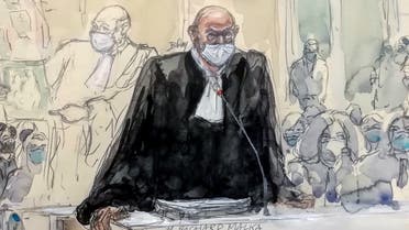 A courtroom sketch created on December 4, 2020, shows Charlie Hebdo’s lawyer Richard Malka at the “Tribunal de Paris” courthouse in Paris during the trial of 14 people suspected of being accomplices in the Charlie Hebdo and Hyper Cacher extremist killings. (Benoit Peyrucq/AFP)