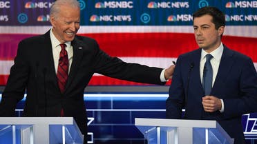 Joe Biden and South Bend Mayor Pete Buttigieg, then both Democratic presidential nominee candidates, in Las Vegas, Nevada, on February 19, 2020. (AFP)