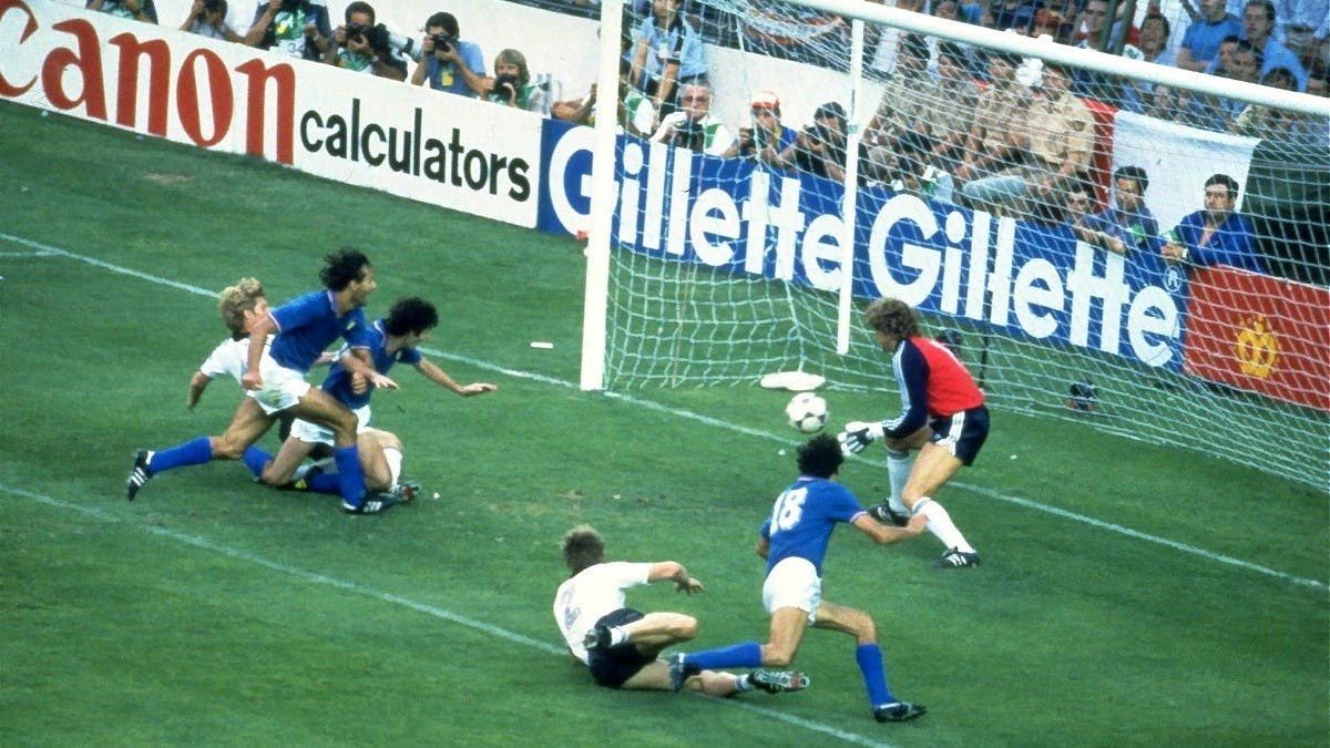 1982 World Cup Poland v Italy Paolo Rossi (blue shirt) of Italy in