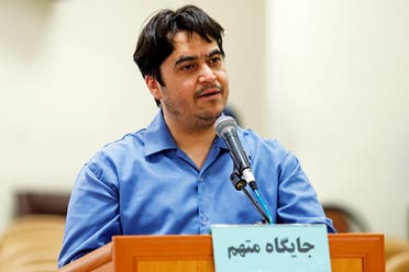 Ruhollah Zam speaks during his trial at Iran's Revolutionary Court in Tehran on June 30, 2020. (AFP)