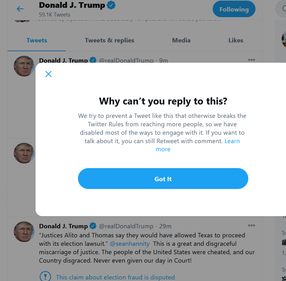 A screengrab shows a message that appeared when users tried to engage with President Trump's tweets. (Screengrab)