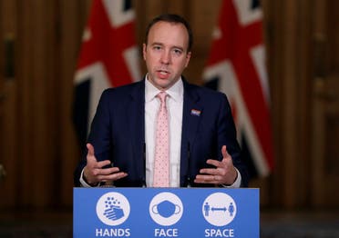 Britain’s Health Secretary Matt Hancock, speaks on further restrictions to be put in place due to the ongoing coronavirus pandemic at a news conference inside 10 Downing Street in London, Britain, on December 23, 2020. (Reuters)