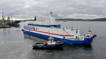 This handout picture taken and released on August 23, 2019, by the Russian nuclear agency ROSATOM shows the floating power unit (FPU) Akademik Lomonosov being towed from the Arctic port of Murmansk, northwestern Russia. (AFP)