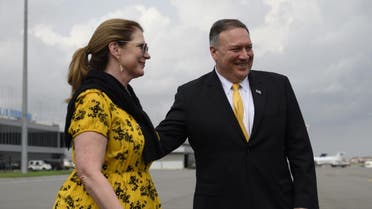 US Secretary of State, Mike Pompeo and his wife, Susan, on the tarmac before leaving Angola, Feb. 17, 2020. (AFP)