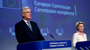 European Union’s chief Brexit negotiator Michel Barnier gives a statement on the outcome of the Brexit negotiations next to European Commission President Ursula von der Leyen, in Brussels, Belgium, on December 24, 2020. (Reuters)