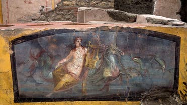 A fresco on an ancient counter depicting a nymph riding a horse uncovered during excavations in Pompeii, Italy, December 26, 2020. (Pompeii Archaeological Park/Ministry of Cultural Heritage and Activities and Tourism/Luigi Spina/Handout via Reuters)