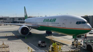 An EVA-Air plane is viewed at Los Angeles International Airport (LAX) on February 12, 2020 in Los Angeles, California. (AFP)