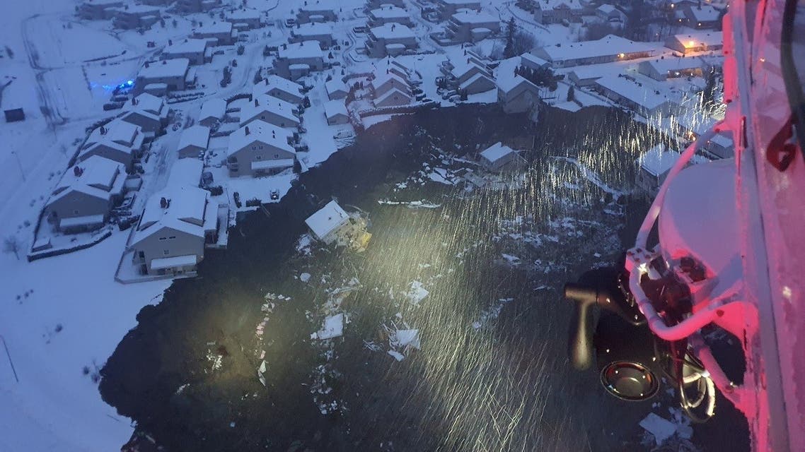 A rescue helicopter view shows the aftermath of a landslide at a residential area in Ask village, about 40km north of Oslo, Norway, on December 30, 2020. (Reuters)