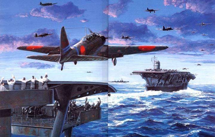 رسم تخيلي لعملية اقلاع عدد من الطائرات اليابانية من على متن حاملات الطائرات