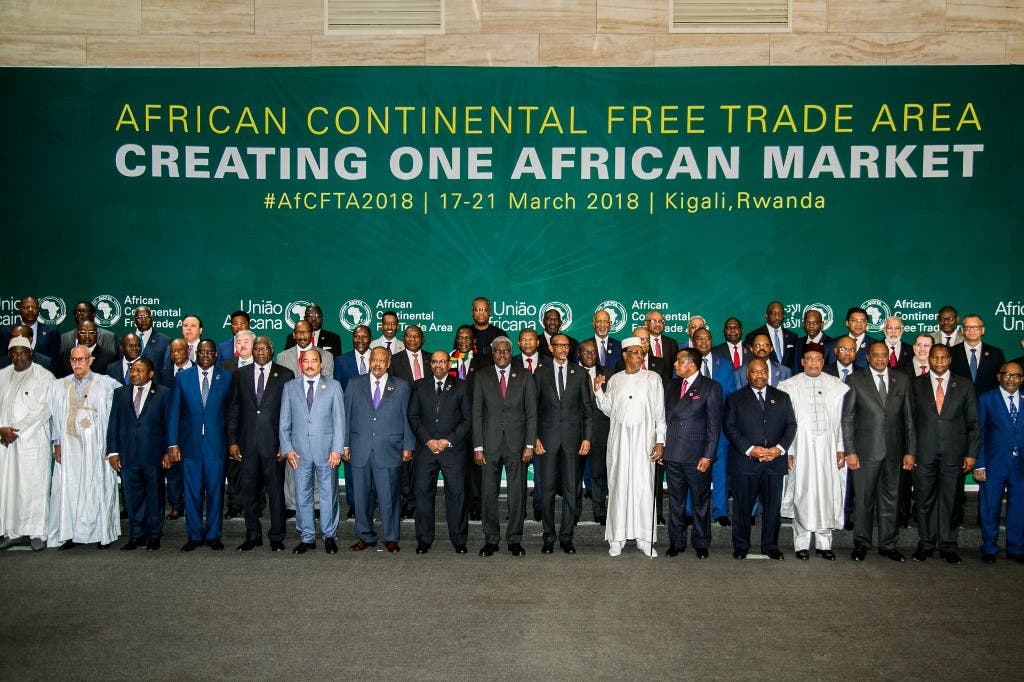 The African Heads of States and Governments pose during African Union (AU) Summit for the agreement to establish the African Continental Free Trade Area in Kigali, Rwanda, on March 21, 2018. (AFP)