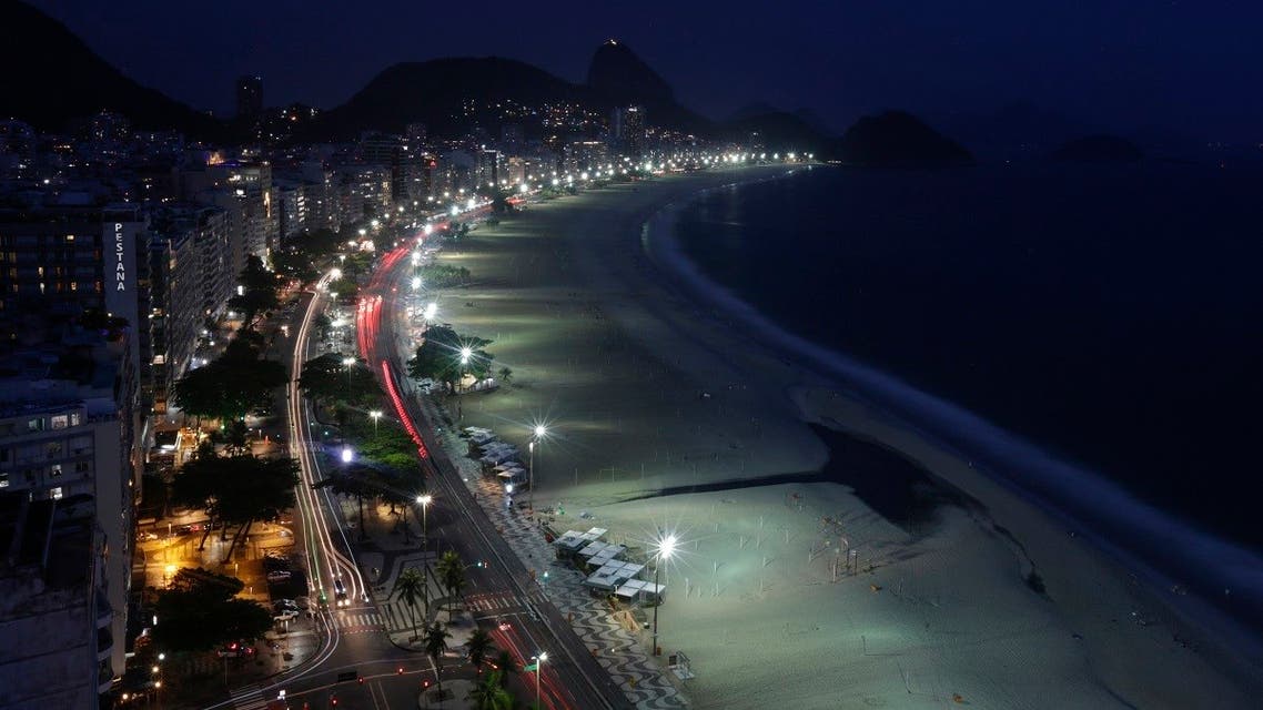 A general view of empty an Copacabana beach in Rio de Janeiro, Brazil, Thursday, Dec. 31, 2020. (AP)