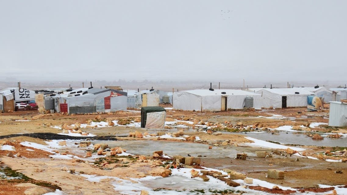 Snow covers the ground on January 28, 2017, at a Syrian refugee camp on the outskirts of the eastern Lebanese city of Baalbek. (AFP)