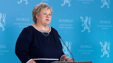 Norway’s Prime Minister Erna Solberg speaks during a news conference about the coronavirus disease in Oslo, Norway September 3, 2020. (Berit Roald/NTB Scanpix/via Reuters)