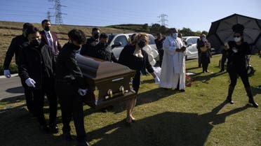 Pallbearers carry the casket of Gilberto Arreguin Camacho, 58, who died due to Covid-19, during his burial service at a cemetery in Whittier, California. (AFP)