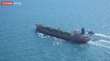 An image shared by Iran's Tasnim News Agency shows the seized South Korean tanker in the Arabian Gulf. (Twitter)
