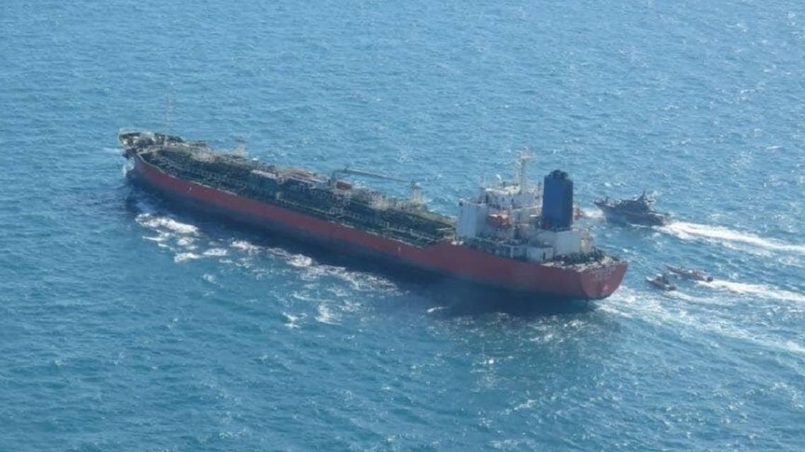 An image shared by Iran's Tasnim News Agency shows the seized South Korean tanker in the Arabian Gulf. (Twitter)