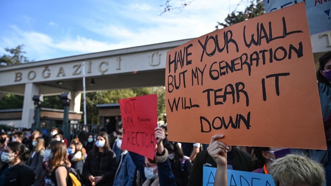Students demonstrate against the direct appointment Bogazici university’s new rector by Turkish President, on January 4, 2021 in front of the University in Istanbul. (Ozan Kose/AFP)