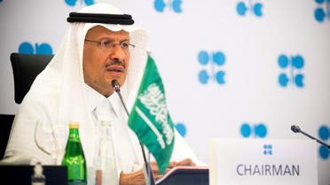 File photo of Saudi Arabia’s Minister of Energy Prince Abdulaziz bin Salman Al-Saud speaking via video link during a virtual emergency meeting of OPEC and non-OPEC countries. (Reuters)