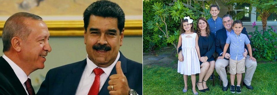 Saab with his wife and three children, and Erdogan with Nicolas Maduro