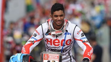 A file photo shows Hero Motosports Team Rally's Indian biker Santosh Chunchunguppe Shivashankar, is pictured on the podium during the start of the 2018 Dakar Rally, ahead of the rally's Lima-Pisco Stage 1, in Lima on January 6, 2018. (Cris Bouroncle/AFP)