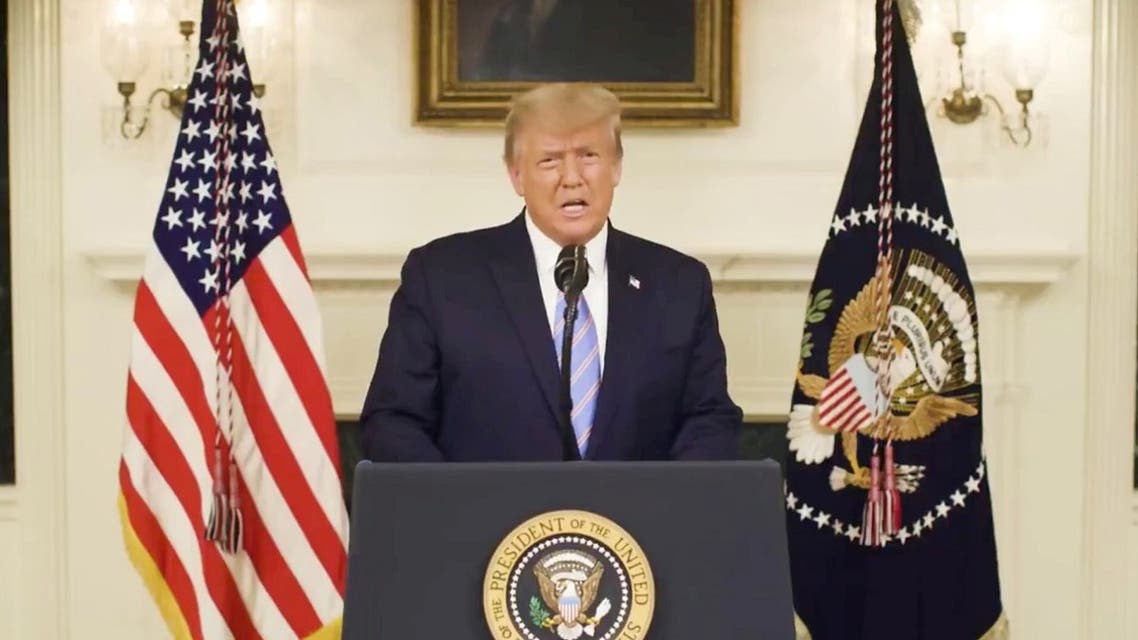 US President Donald Trump gives an address, a day after his supporters stormed the US Capitol in Washington, US, in this still image taken from video provided on social media on January 8, 2021. (Reuters)
