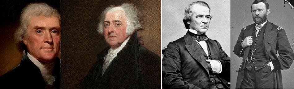 From right Ulysses Grant and Andrew Johnson, and a portrait of John Adams and Thomas Jefferson, the first rejected and rejected in the history of American presidents