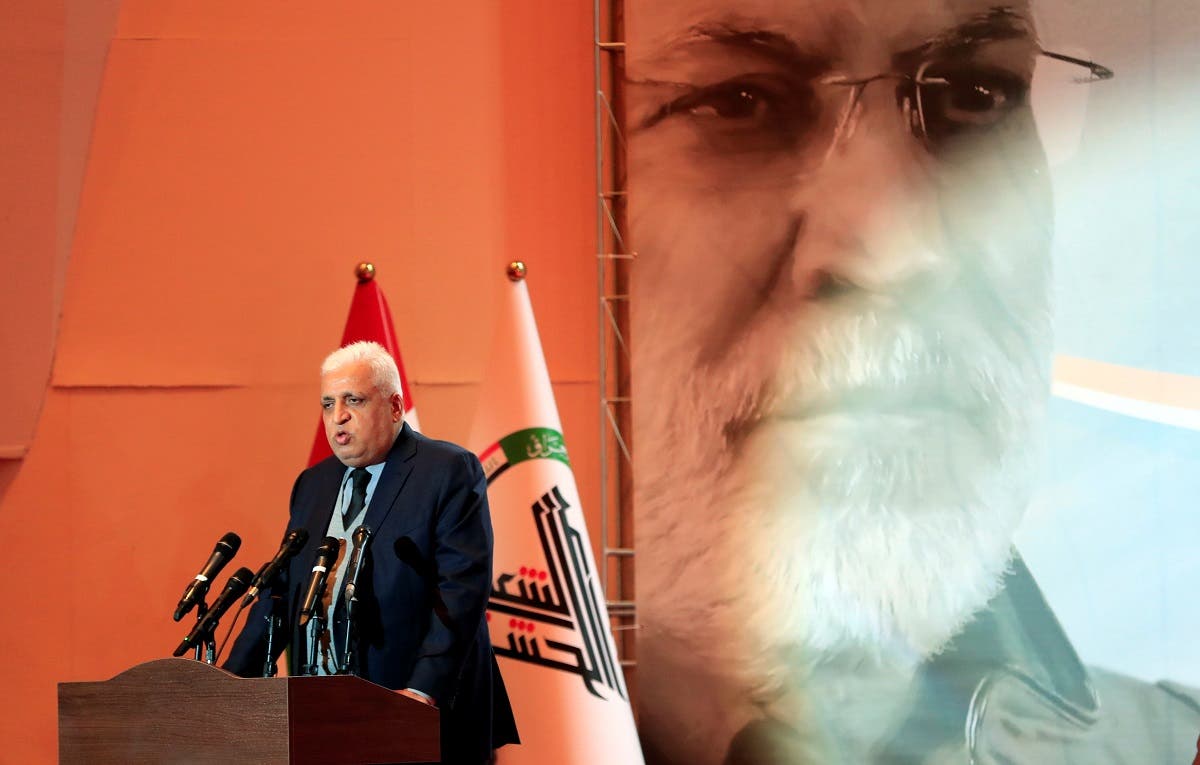 Head of the Popular Mobilization Unit militias Falih al-Fayyadh speaks during the forty days memorial, after the killing of Iran's Quds Force top commander Qassem Soleimani and Iraqi militia commander Abu Mahdi al-Muhandis. (Reuters)