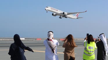 A Qatar Airways airplane takes off from Hamad International Airport near the Qatari capital Doha, on the first commercial flight to Saudi Arabia in three and a half years following a Gulf diplomatic thaw. (AFP)
