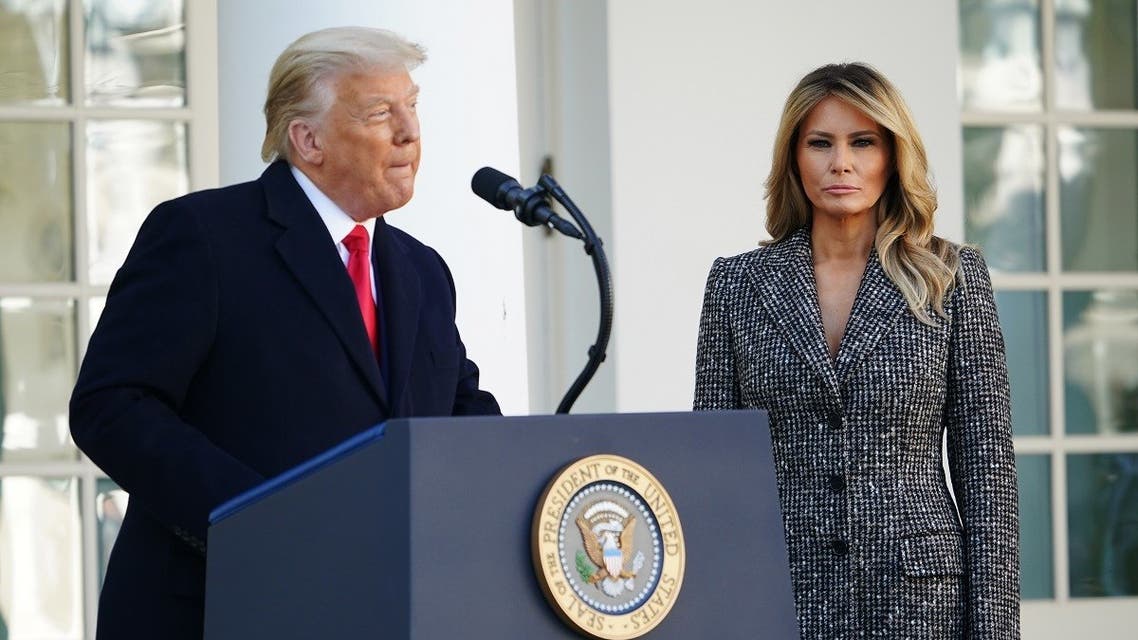 Melania Trump watches as US President Donald Trump speaks during the annual Thanksgiving turkey pardon in the Rose Garden of the White House in Washington, DC on November 24, 2020. (Mandel Ngan/AFP)