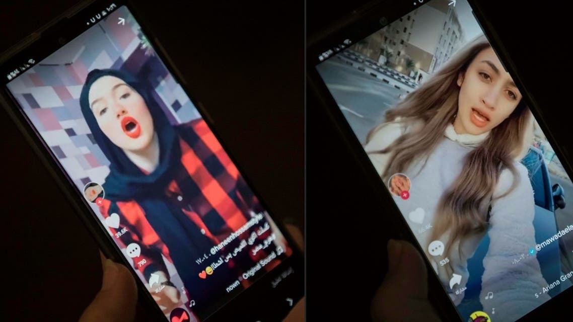 A combo taken on July 28, 2020 shows a woman watching videos of (L to R) Egyptian influencers Haneen Hossam and Mowada al-Adham, on the video-sharing app TikTok in Egypt's capital Cairo. (Khaled Desouki/AFP)