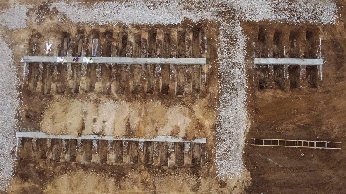 An aerial view of graves in a cemetery set up for victims of COVID-19, in the northern city of Thessaloniki, Greece. (AP)