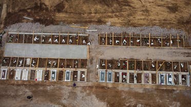 An aerial view of graves in a cemetery set up for victims of COVID-19, in the northern city of Thessaloniki, Greece. (AP)