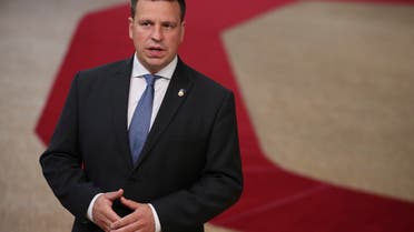 Estonia's Prime Minister Juri Ratas makes a statement as he arrives for an EU summit at the European Council building in Brussels. (AP)