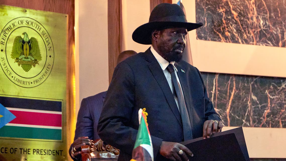 South Sudanese President Salva Kiir attends the swearing in ceremony of his First Vice President and other Vice Presidents, on February 22, 2020 in the capital Juba. South Sudan rebel leader Riek Machar was sworn in as first vice president on February 22, 2020, formally rejoining the government in the latest bid to bring peace to a nation ravaged by war. Machar has been sworn in following years of civil war between his SPLA-IO and President Salva Kiir’s SPLA, leaving 400,000 South Sudanese dead. 