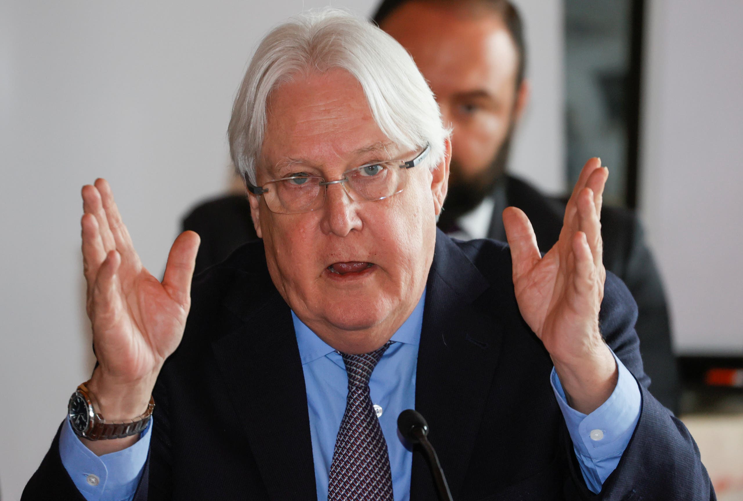Martin Griffiths, United Nations Special Envoy for Yemen speaks as he attends the closing plenary of the fourth meeting of the Supervisory Committee on the Implementation of the Prisoners' Exchange Agreement in Yemen, in Glion, Switzerland, September 27, 2020. (Reuters)