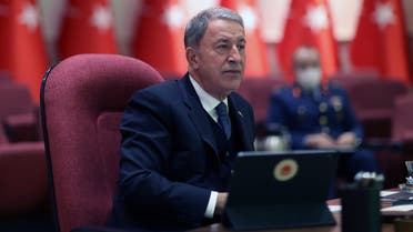 Turkish National Defence Minister Hulusi Akar gives a press conference at the ministry in Ankara on January 13, 2021. 