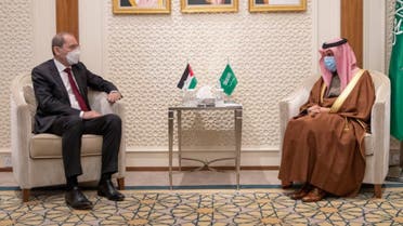 Saudi Arabia’s Minister of Foreign Affairs Prince Faisal bin Farhan meeting with his Jordanian counterpart Ayman Safadi. (Twitter)