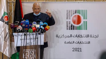 Hanna Nasir, head of the Palestinian Central Election Commission, gives a press conference in the West Bank city of Ramallah, on January 16, 2021. (Ahmad Gharabli/AFP)