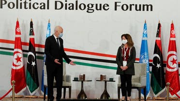 Tunisia's President Kais Saied welcomes Deputy Special Representative of the UN Secretary-General for Political Affairs in Libya Stephanie Williams during the Libyan Political Dialogue Forum in Tunis. (File photo: Reuters)