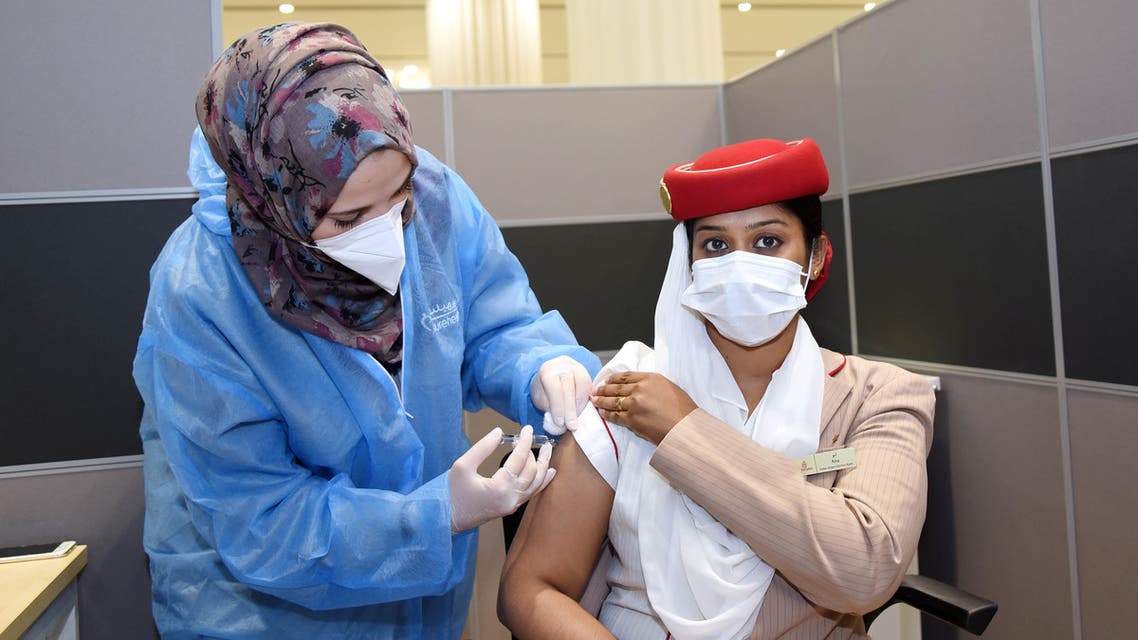 Emirates flight attendant gets the COVID-19 (coronavirus) vaccine in Dubai, United Arab Emirates. (Emirates)