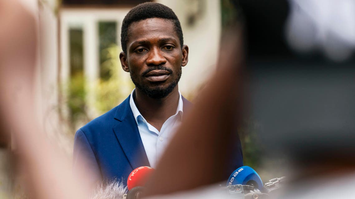 Uganda's leading opposition challenger Bobi Wine giving a press conference outside Kampala, Uganda one day after Ugandans went to the polls. (AP)