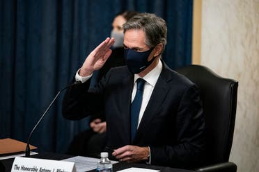 Antony Blinken, salutes Senators as he arrives prior to his confirmation hearing to be Secretary of State before the US Senate Foreign Relations Committee, Jan. 19, 2021. (AFP)