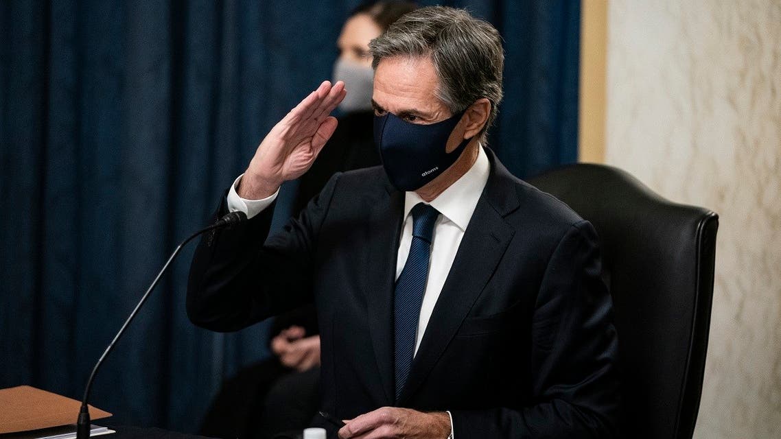 Antony Blinken, salutes Senators as he arrives prior to his confirmation hearing to be Secretary of State before the US Senate Foreign Relations Committee, Jan. 19, 2021. (AFP)