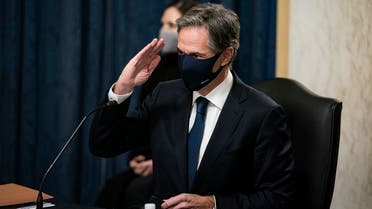 Antony Blinken, salutes Senators as he arrives prior to his confirmation hearing to be Secretary of State before the US Senate Foreign Relations Committee, Jan. 19, 2021. (AFP)
