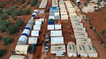 This picture taken on April 5, 2020 shows an aerial view of a camp for displaced Syrians from Idlib and Aleppo provinces, near the town of Maaret Misrin in Syria's northwestern Idlib province. (AFP)