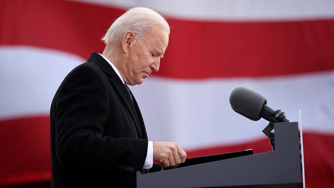 President-elect Joe Biden becomes emotional as he delivers remarks at the Major Joseph R. Beau Biden III National Guard/Reserve Center. (AFP)