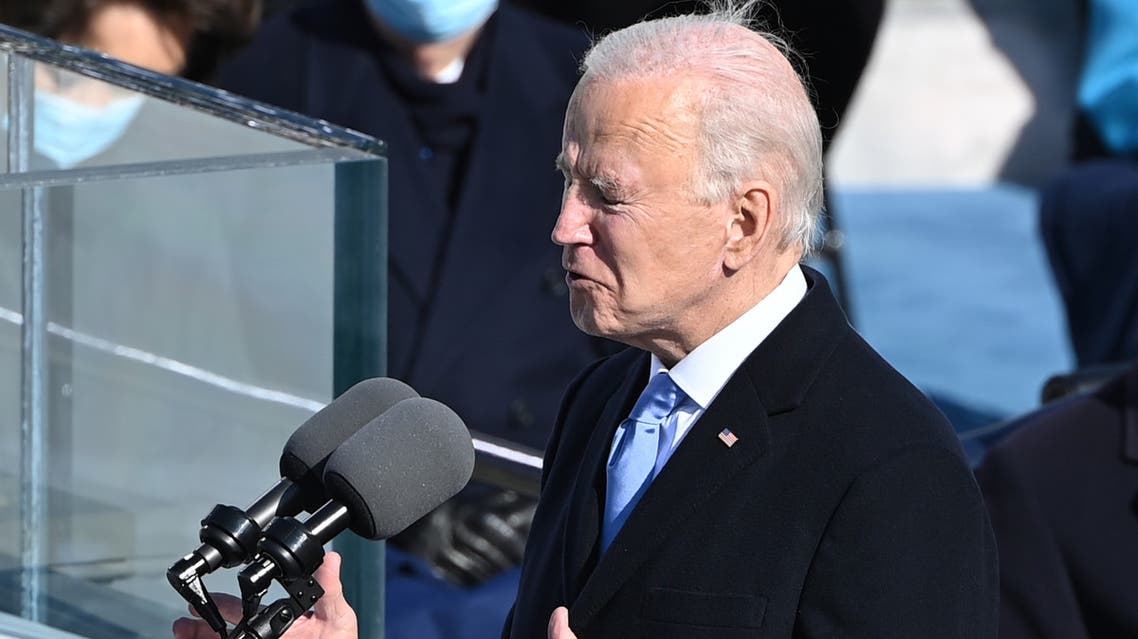 US President Joe Biden delivers his inauguration speech on January 20, 2021, at the US Capitol in Washington, DC. Biden was sworn in as the 46th p[resident of the US.